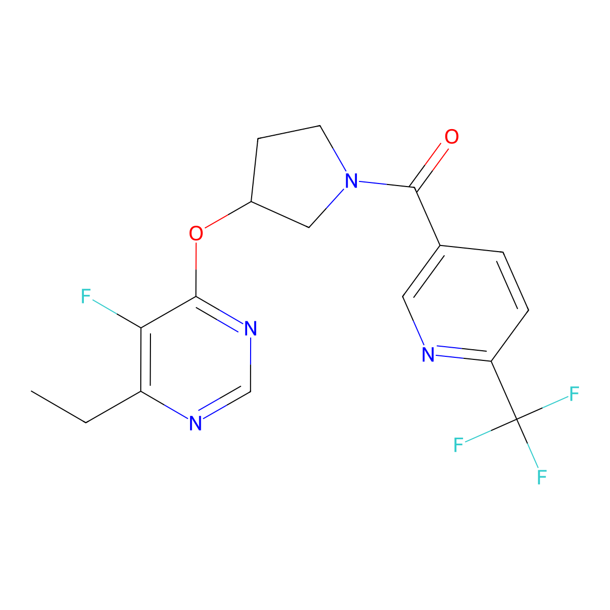 (3-((6-Ethyl-5-fluoropyrimidin-4-yl)oxy)pyrrolidin-1-yl)(6-(trifluoromethyl)pyridin-3-yl)methanone molecular structure, CAS 2034299-21-1