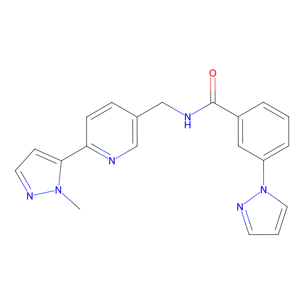 N-{[6-(1-methyl-1H-pyrazol-5-yl)pyridin-3-yl]methyl}-3-(1H-pyrazol-1-yl)benzamide molecular structure, CAS 2034299-33-5
