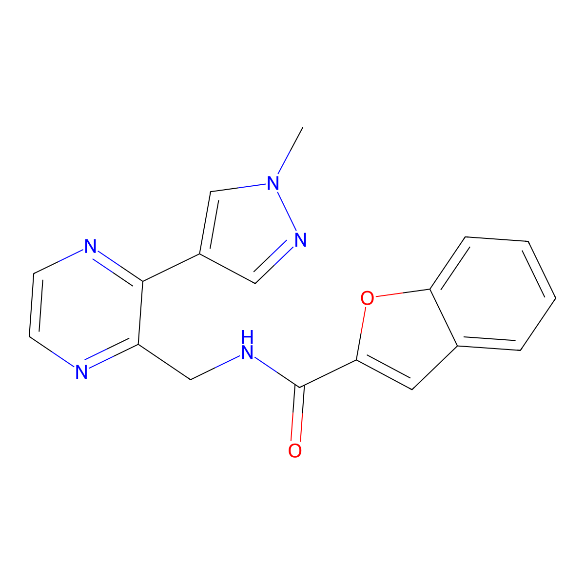N-((3-(1-methyl-1H-pyrazol-4-yl)pyrazin-2-yl)methyl)benzofuran-2-carboxamide molecular structure, CAS 2034299-43-7