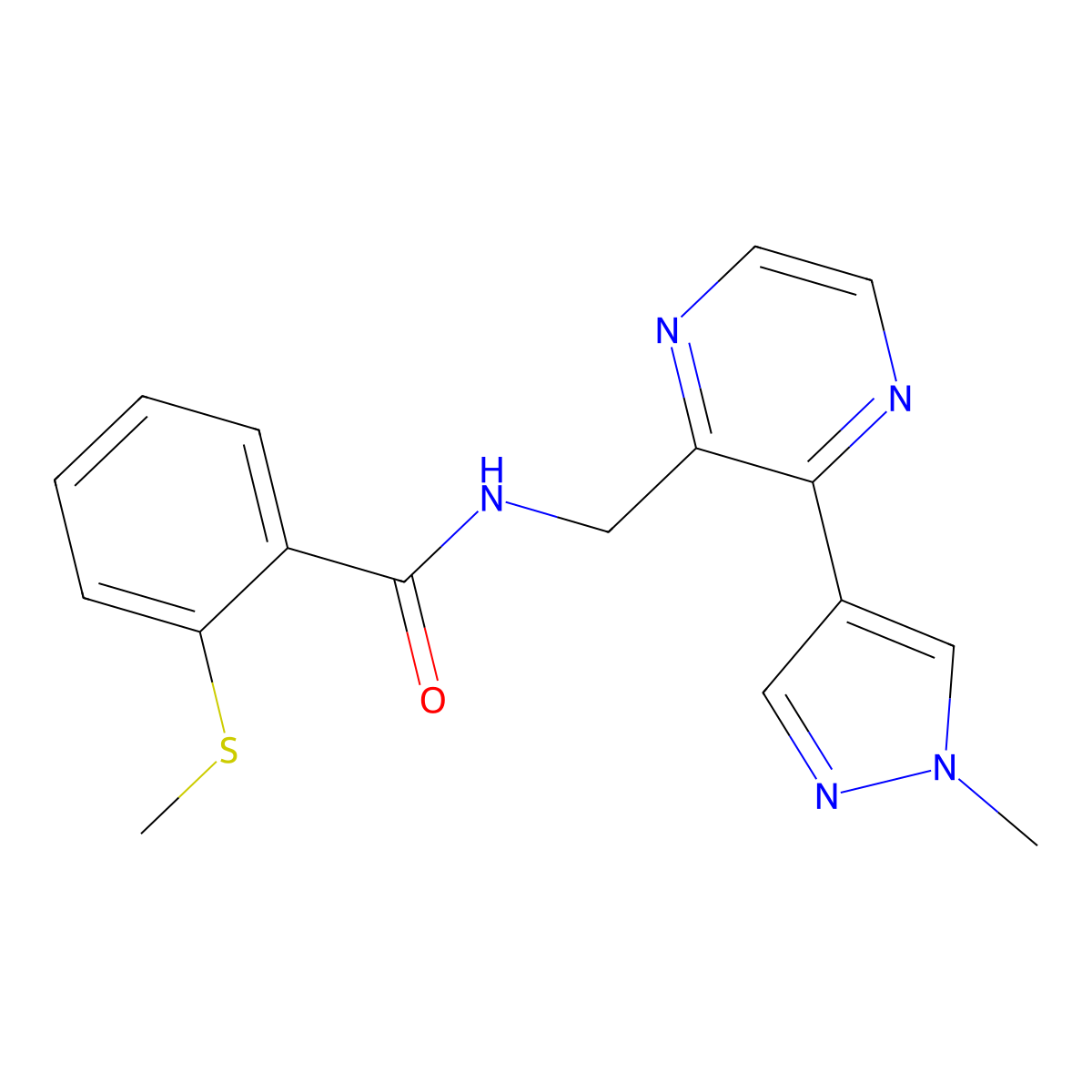 N-((3-(1-methyl-1H-pyrazol-4-yl)pyrazin-2-yl)methyl)-2-(methylthio)benzamide molecular structure, CAS 2034299-46-0