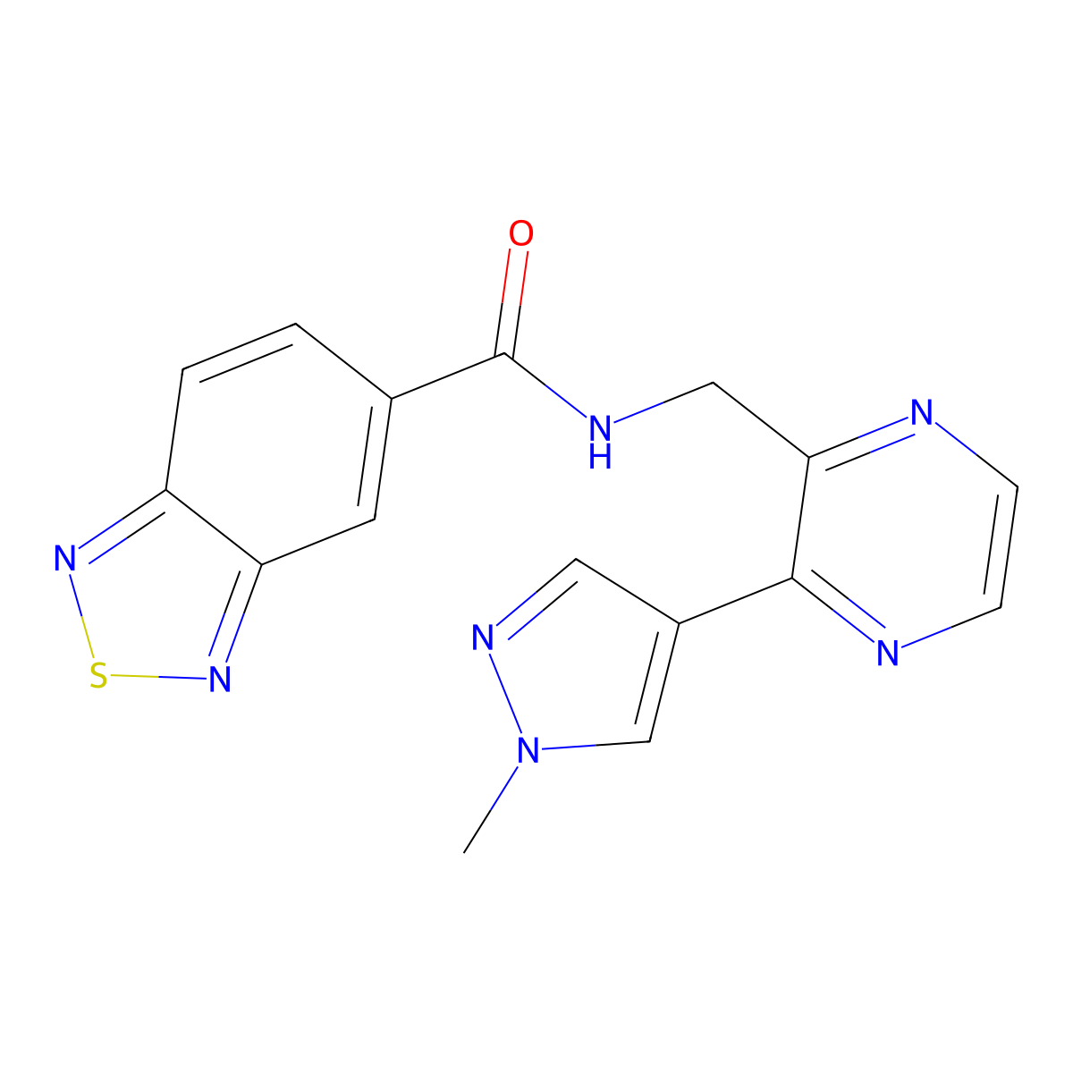 N-((3-(1-methyl-1H-pyrazol-4-yl)pyrazin-2-yl)methyl)benzo[c][1,2,5]thiadiazole-5-carboxamide molecular structure, CAS 2034299-55-1