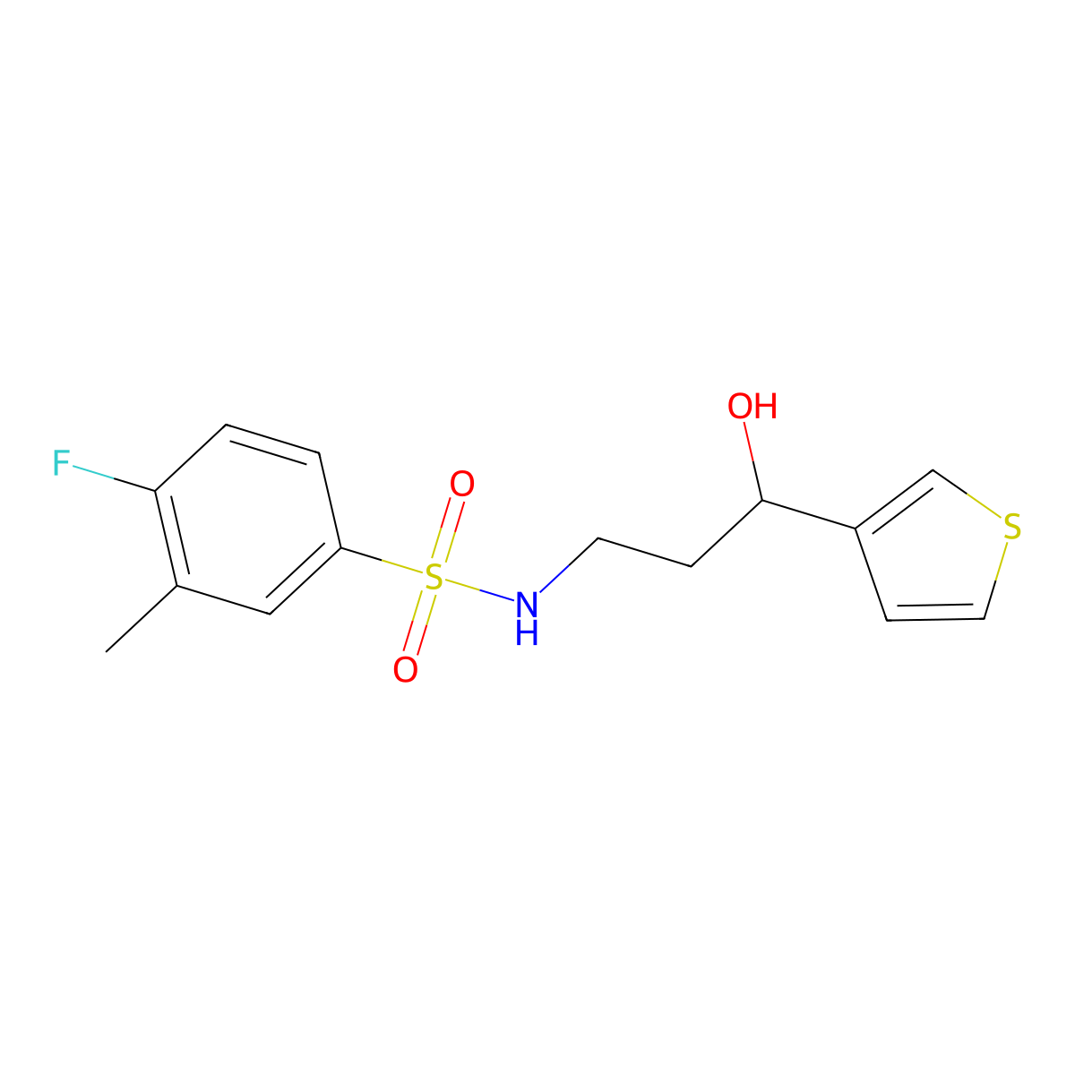4-fluoro-N-(3-hydroxy-3-(thiophen-3-yl)propyl)-3-methylbenzenesulfonamide molecular structure, CAS 2034299-56-2