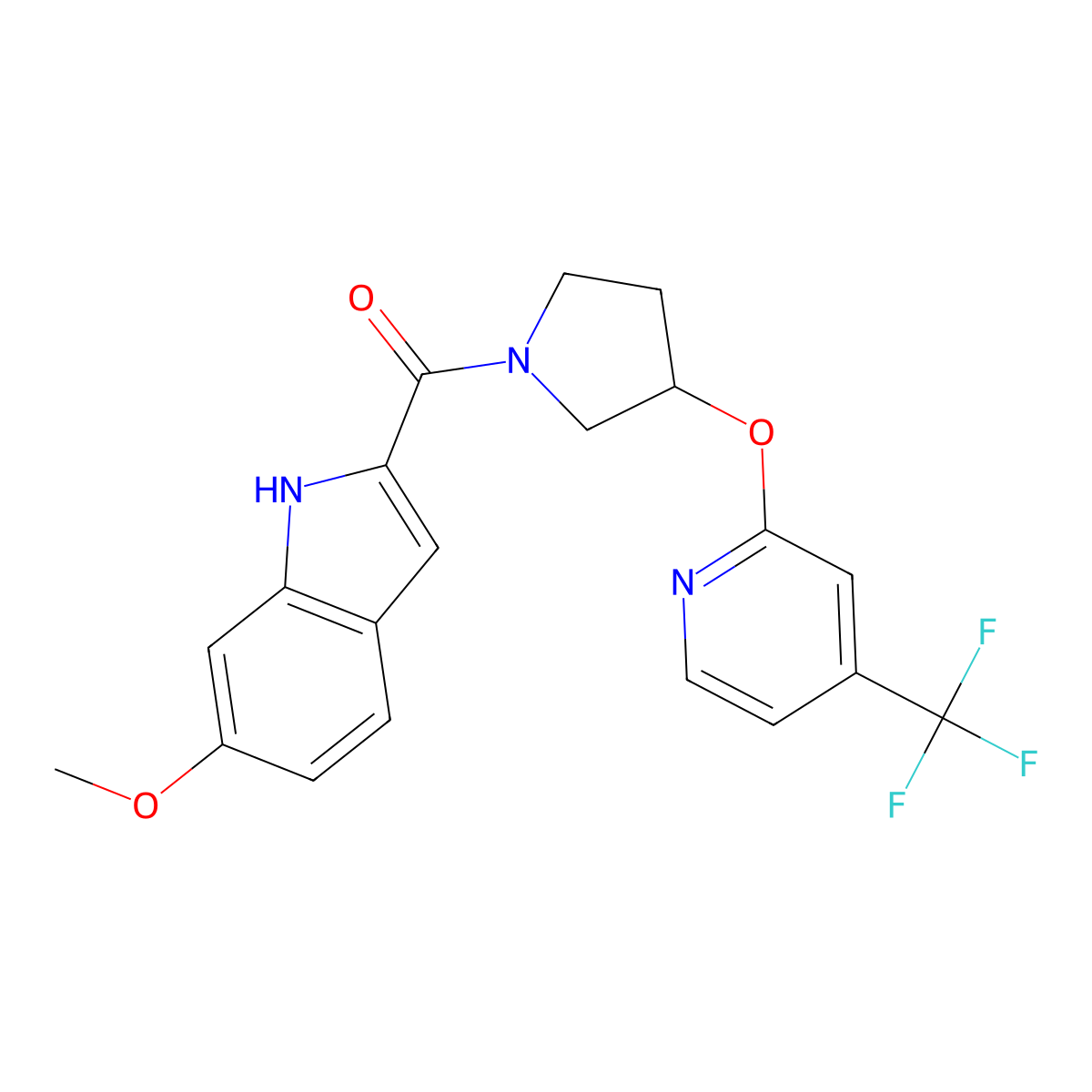 (6-methoxy-1H-indol-2-yl)(3-((4-(trifluoromethyl)pyridin-2-yl)oxy)pyrrolidin-1-yl)methanone molecular structure, CAS 2034299-59-5