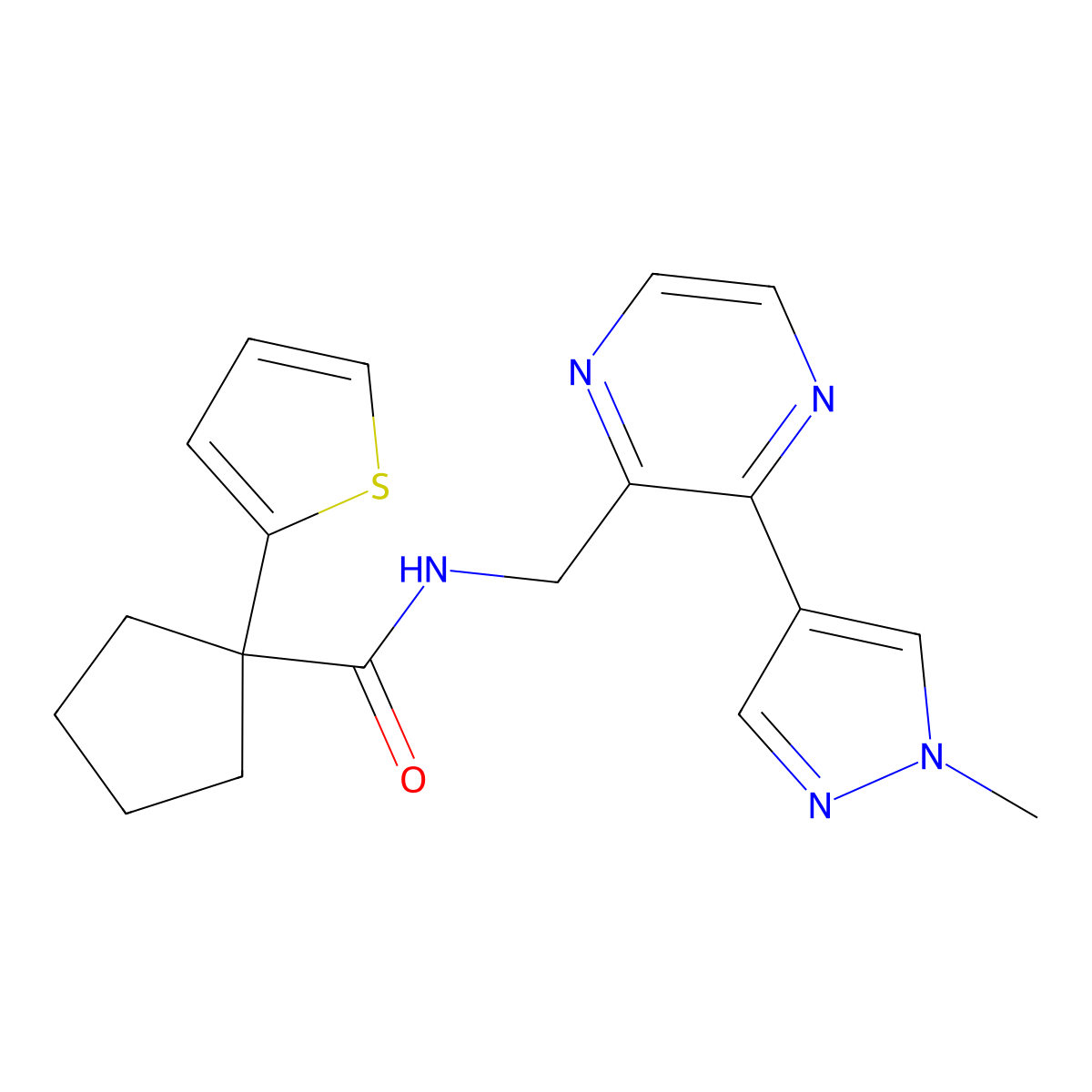 N-((3-(1-methyl-1H-pyrazol-4-yl)pyrazin-2-yl)methyl)-1-(thiophen-2-yl)cyclopentanecarboxamide molecular structure, CAS 2034299-63-1