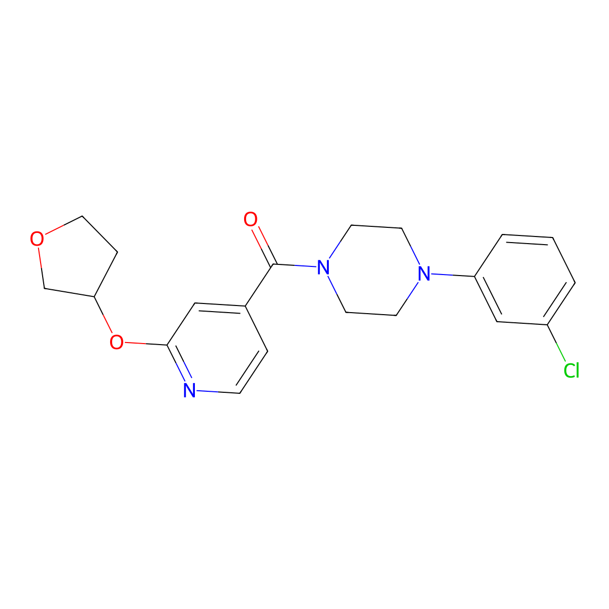 (4-(3-Chlorophenyl)piperazin-1-yl)(2-((tetrahydrofuran-3-yl)oxy)pyridin-4-yl)methanone molecular structure, CAS 2034299-69-7