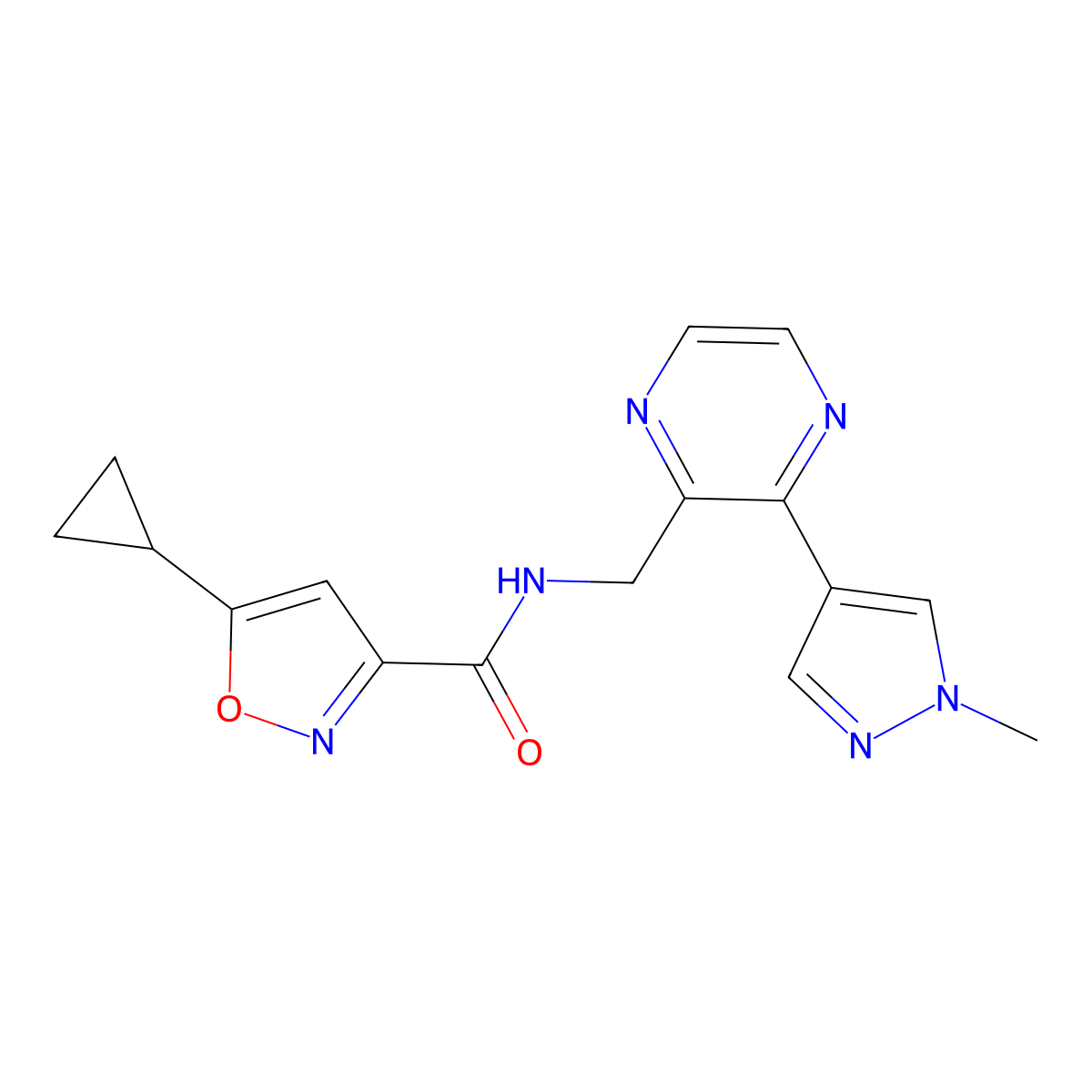 5-cyclopropyl-N-((3-(1-methyl-1H-pyrazol-4-yl)pyrazin-2-yl)methyl)isoxazole-3-carboxamide molecular structure, CAS 2034299-70-0