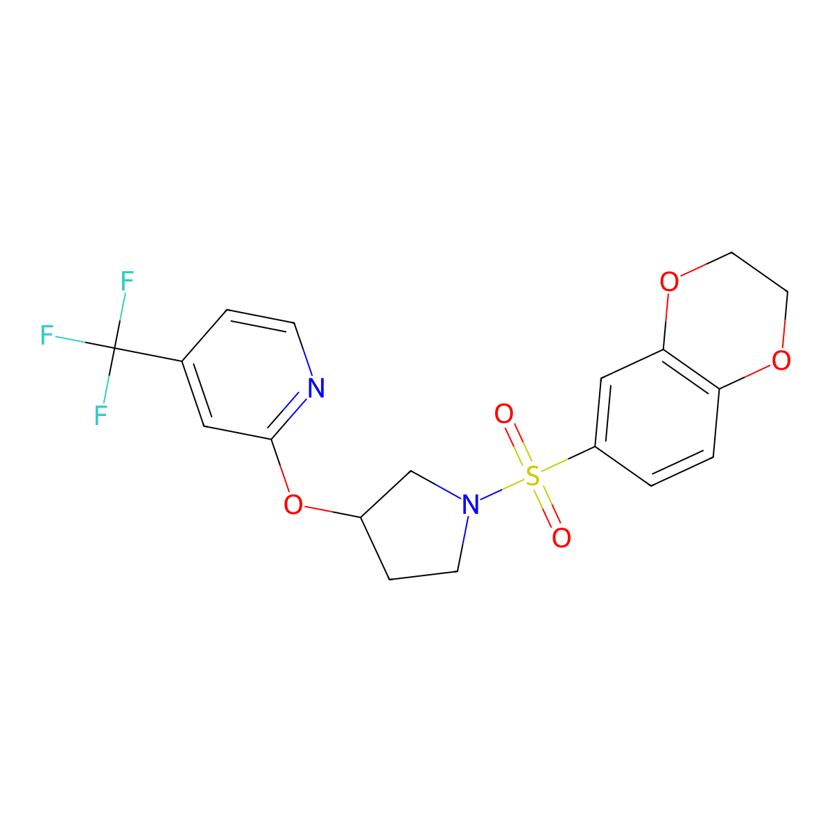 2-((1-((2,3-Dihydrobenzo[b][1,4]dioxin-6-yl)sulfonyl)pyrrolidin-3-yl)oxy)-4-(trifluoromethyl)pyridine molecular structure, CAS 2034299-78-8