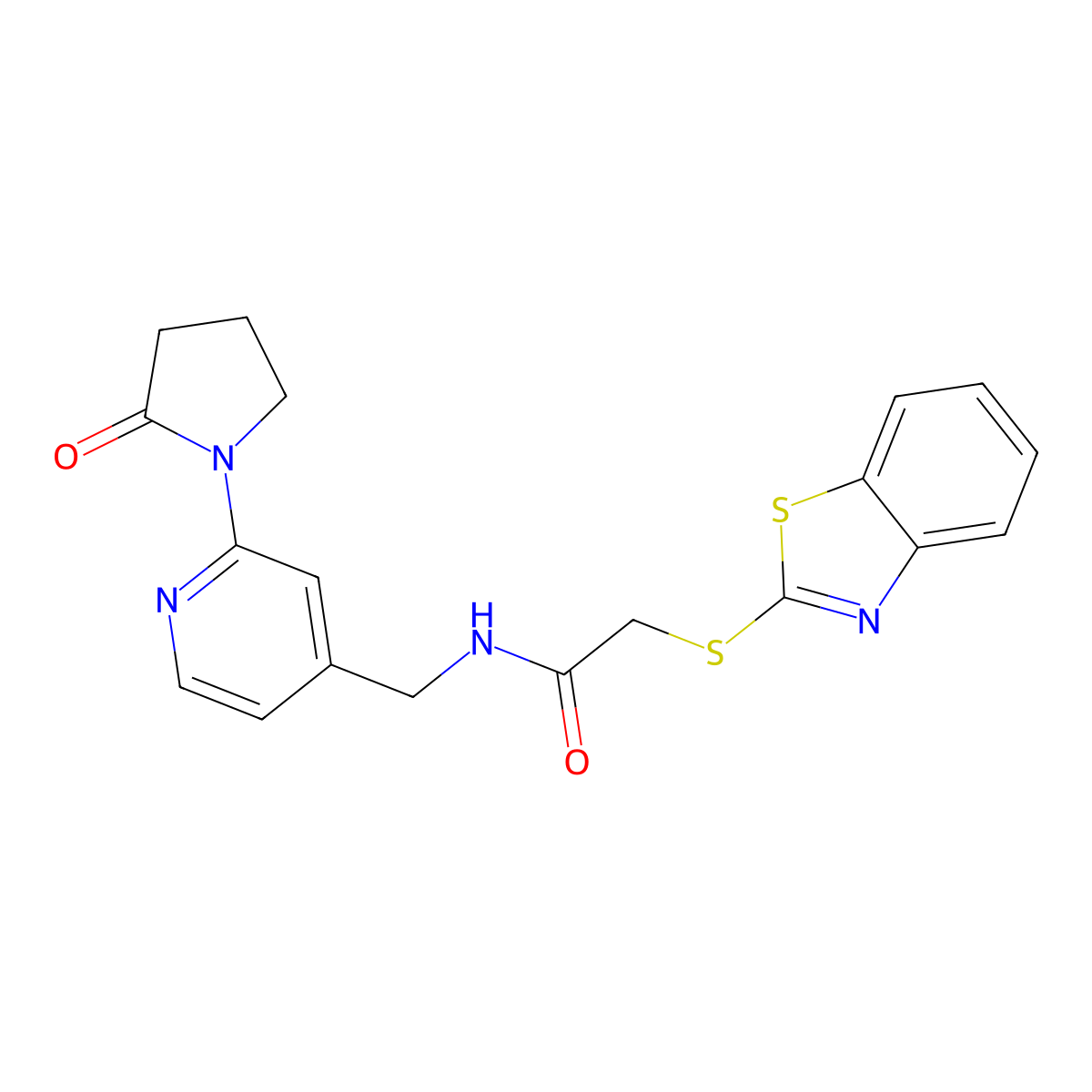 2-(benzo[d]thiazol-2-ylthio)-N-((2-(2-oxopyrrolidin-1-yl)pyridin-4-yl)methyl)acetamide molecular structure, CAS 2034299-84-6
