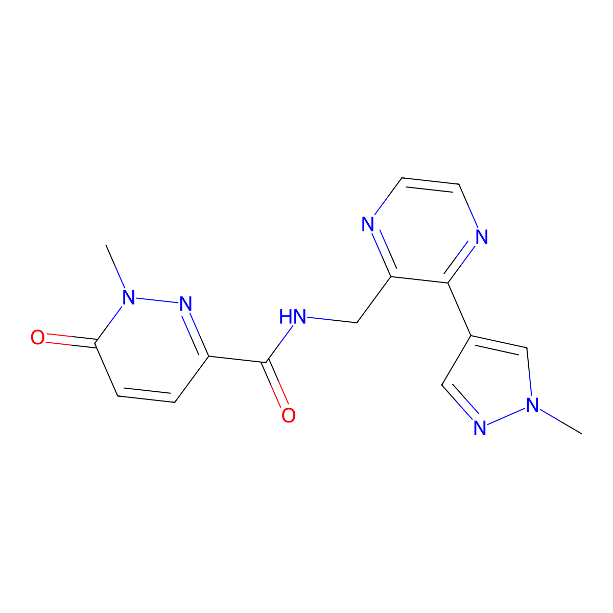 1-methyl-N-{[3-(1-methyl-1H-pyrazol-4-yl)pyrazin-2-yl]methyl}-6-oxo-1,6-dihydropyridazine-3-carboxamide molecular structure, CAS 2034299-88-0