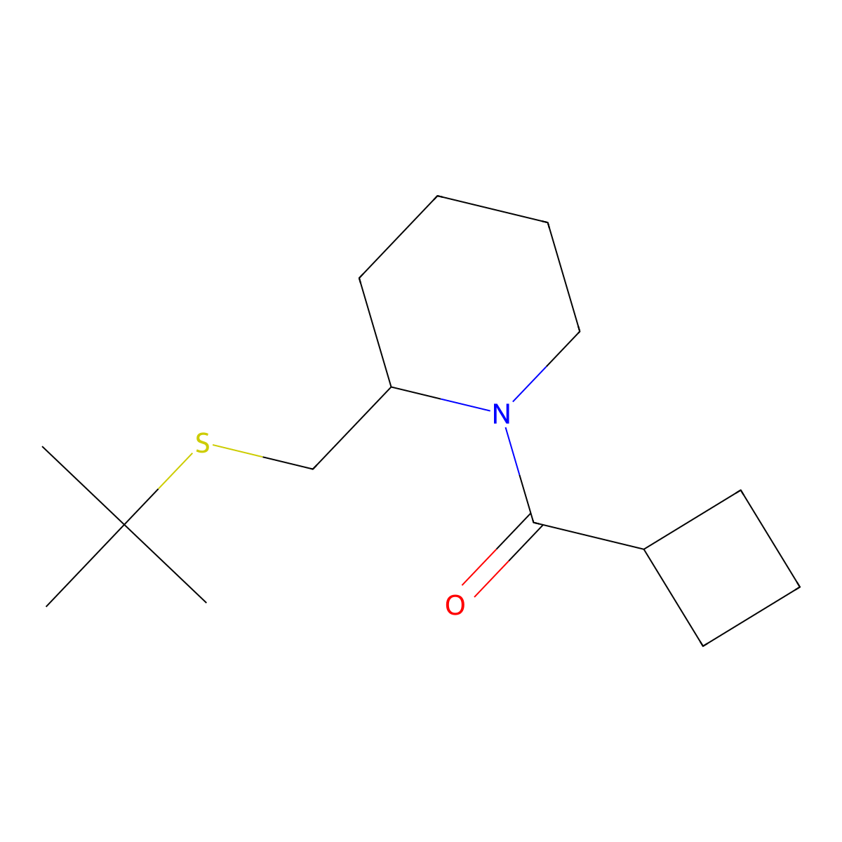 (2-((Tert-butylthio)methyl)piperidin-1-yl)(cyclobutyl)methanone molecular structure, CAS 2034300-05-3