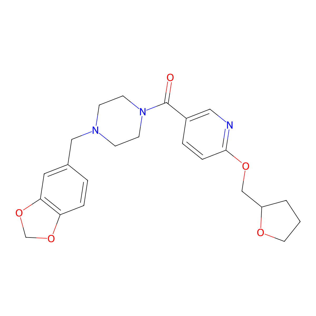 (4-(Benzo[d][1,3]dioxol-5-ylmethyl)piperazin-1-yl)(6-((tetrahydrofuran-2-yl)methoxy)pyridin-3-yl)methanone molecular structure, CAS 2034300-16-6