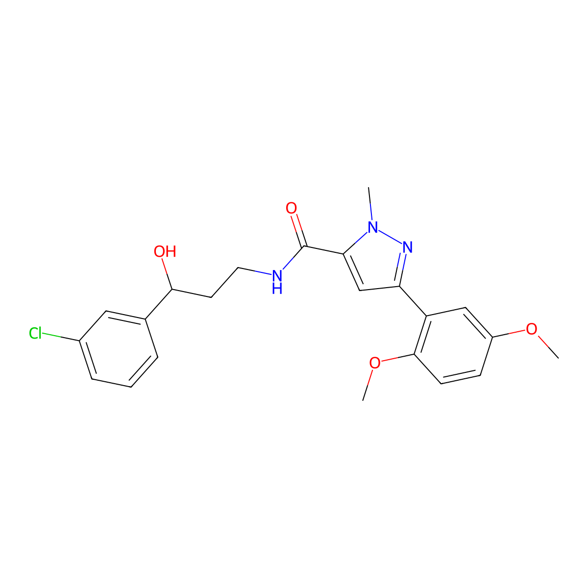 N-(3-(3-chlorophenyl)-3-hydroxypropyl)-3-(2,5-dimethoxyphenyl)-1-methyl-1H-pyrazole-5-carboxamide molecular structure, CAS 2034300-17-7