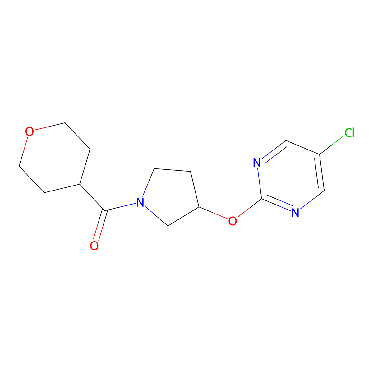 (3-((5-chloropyrimidin-2-yl)oxy)pyrrolidin-1-yl)(tetrahydro-2H-pyran-4-yl)methanone molecular structure, CAS 2034300-24-6