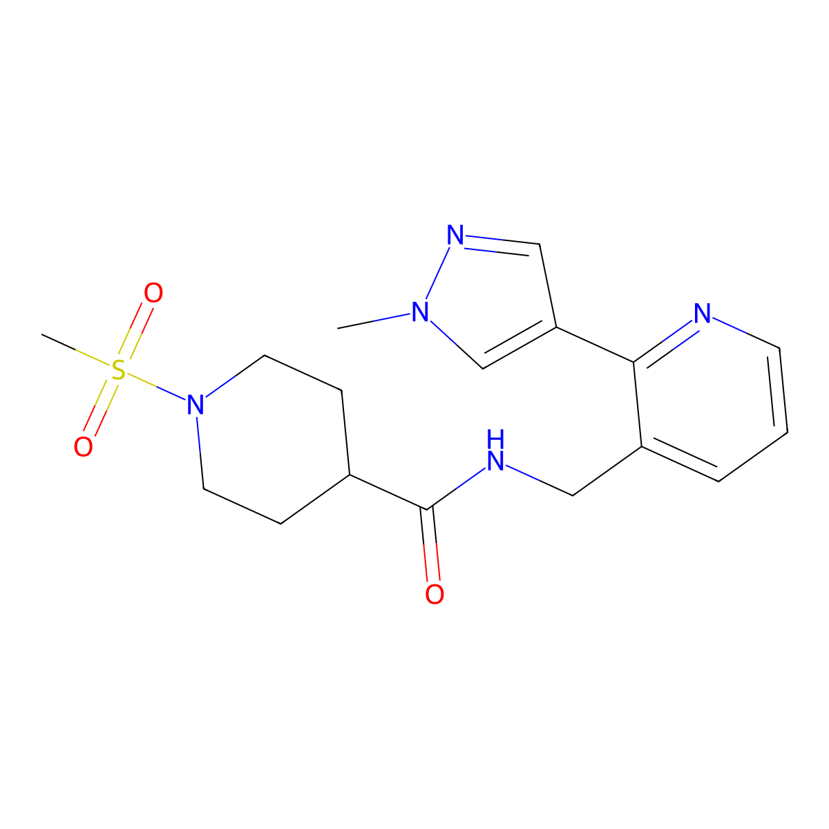 N-((2-(1-methyl-1H-pyrazol-4-yl)pyridin-3-yl)methyl)-1-(methylsulfonyl)piperidine-4-carboxamide molecular structure, CAS 2034300-32-6