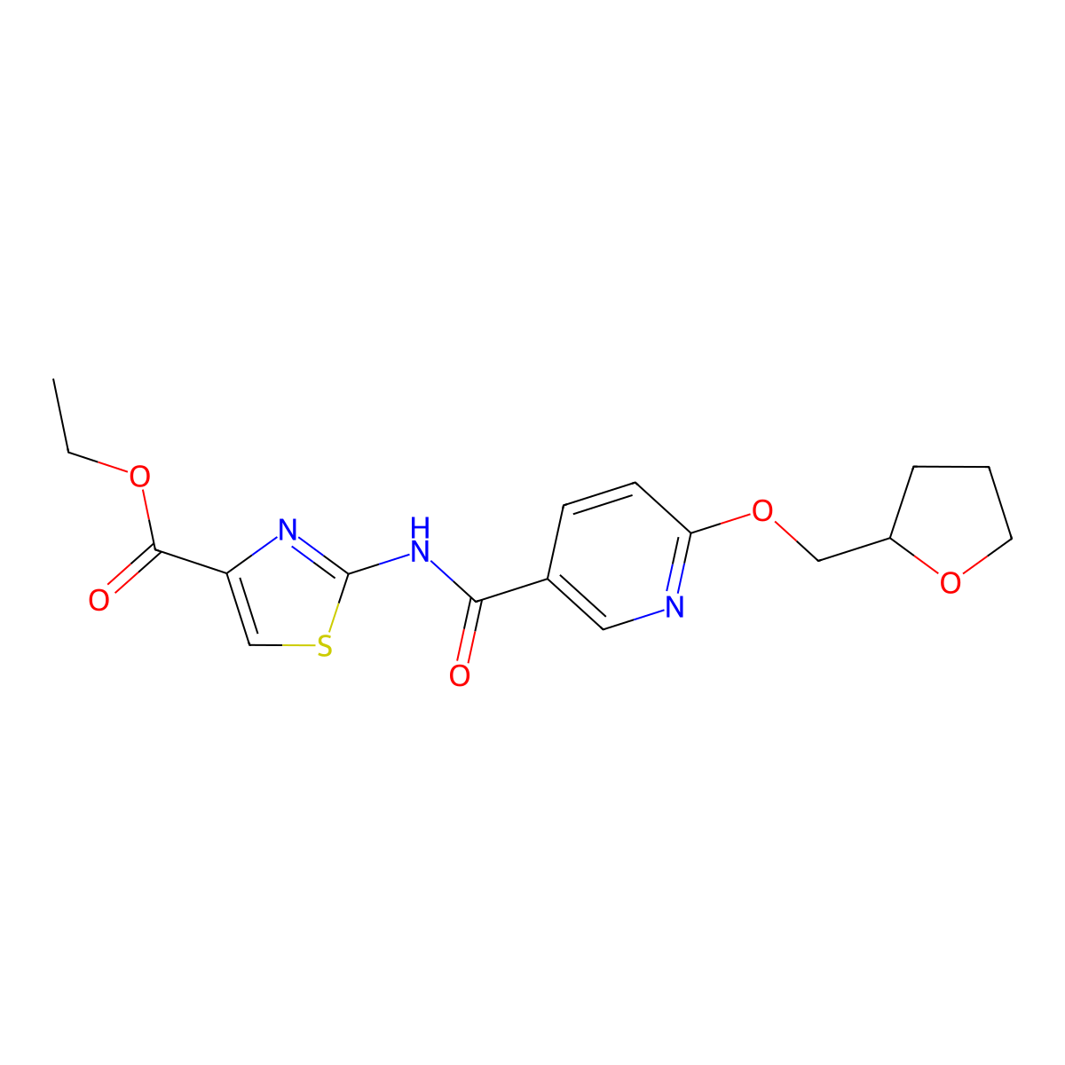 Ethyl 2-(6-((tetrahydrofuran-2-yl)methoxy)nicotinamido)thiazole-4-carboxylate molecular structure, CAS 2034300-41-7