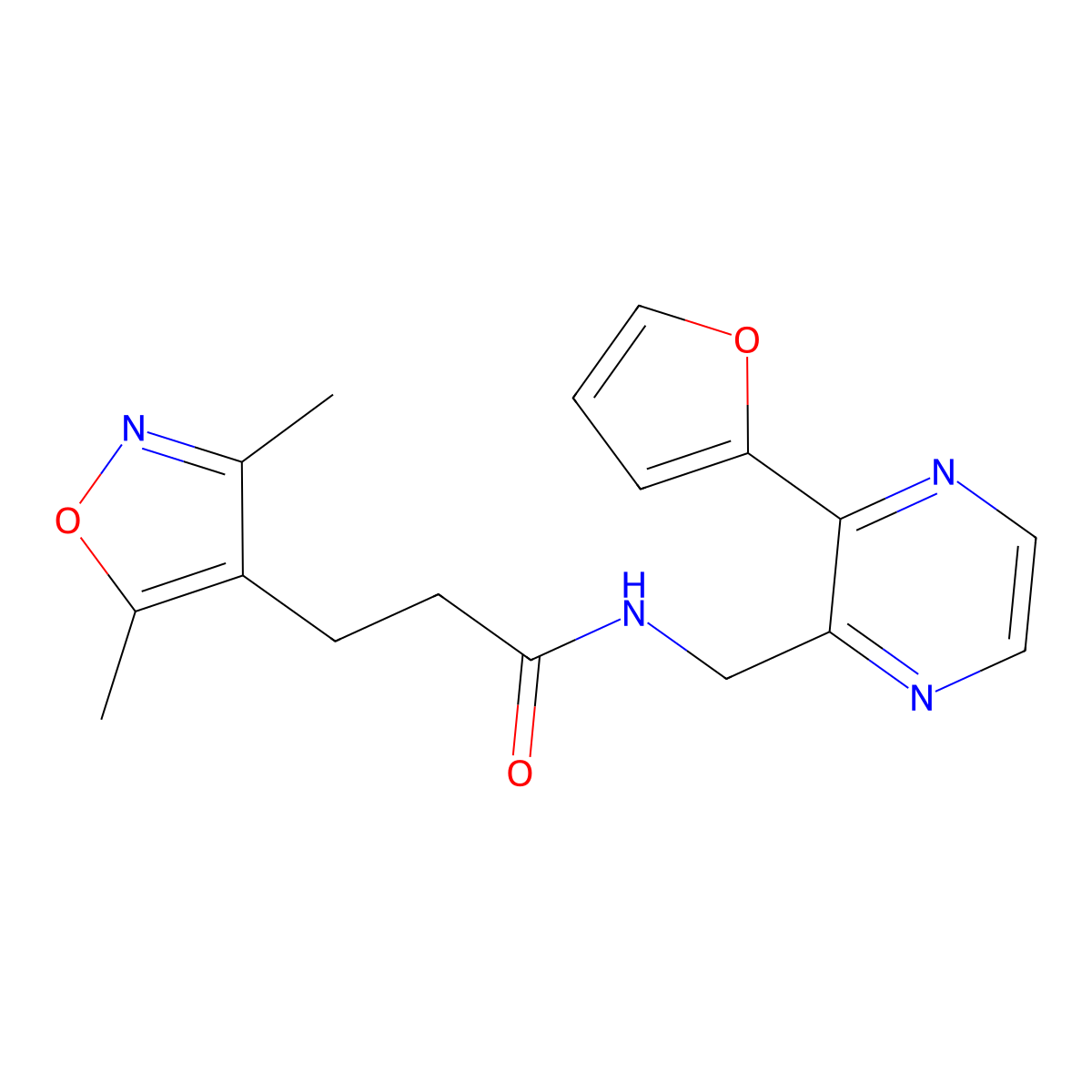 3-(3,5-dimethylisoxazol-4-yl)-N-((3-(furan-2-yl)pyrazin-2-yl)methyl)propanamide molecular structure, CAS 2034300-43-9
