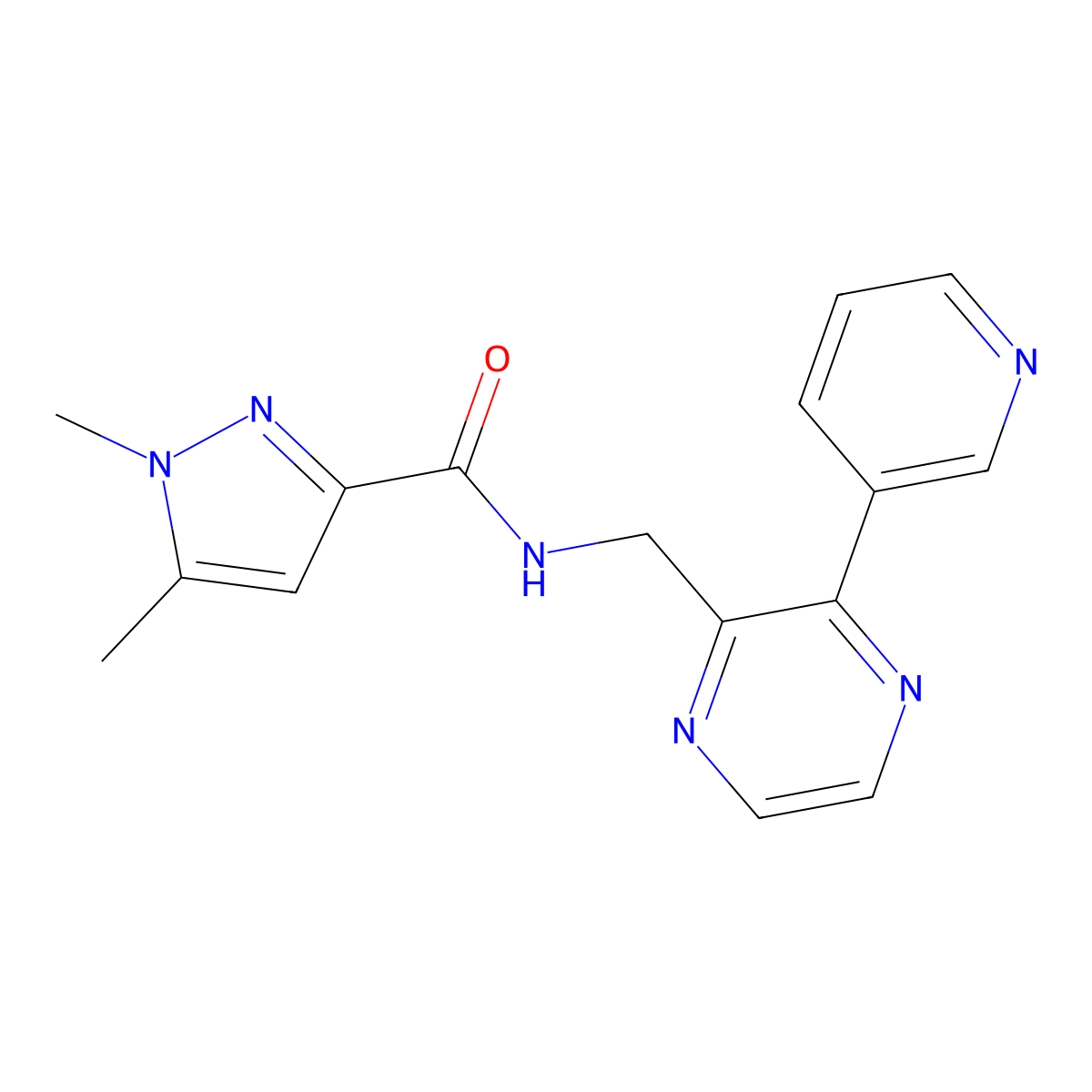 1,5-dimethyl-N-{[3-(pyridin-3-yl)pyrazin-2-yl]methyl}-1H-pyrazole-3-carboxamide molecular structure, CAS 2034300-45-1