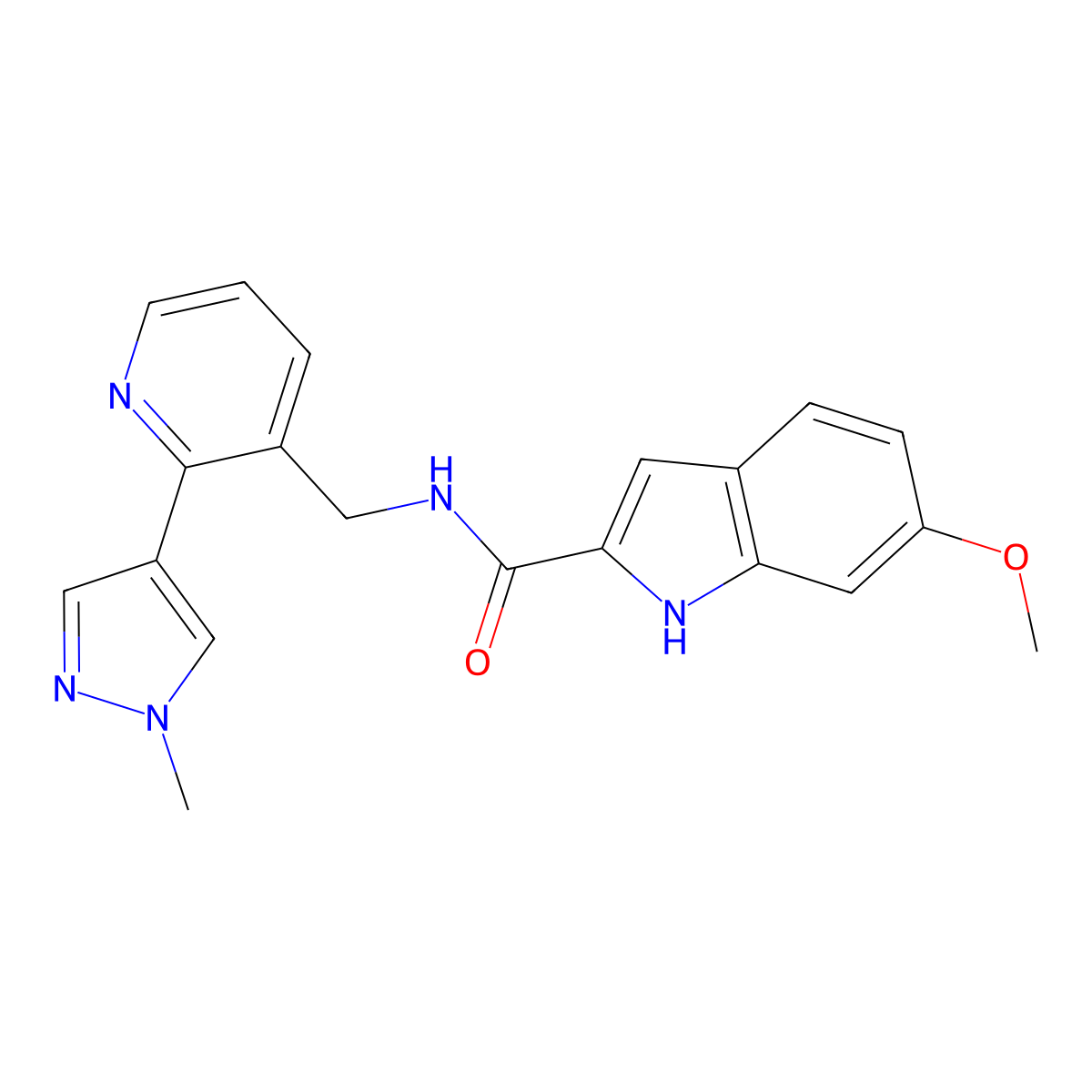 6-methoxy-N-{[2-(1-methyl-1H-pyrazol-4-yl)pyridin-3-yl]methyl}-1H-indole-2-carboxamide molecular structure, CAS 2034300-51-9