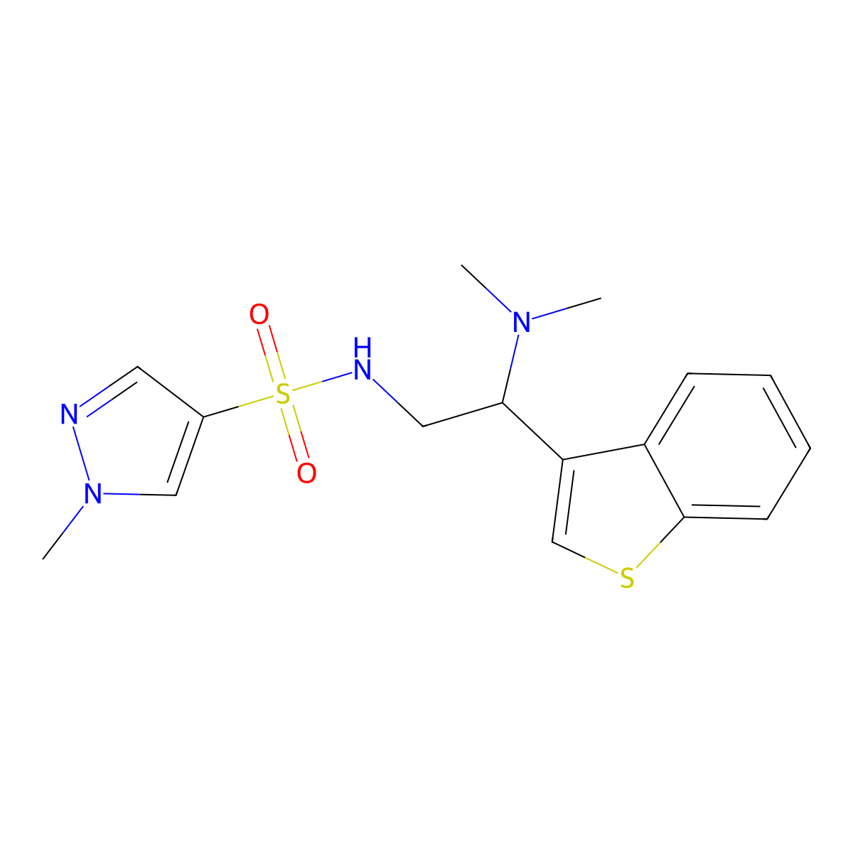 N-(2-(benzo[b]thiophen-3-yl)-2-(dimethylamino)ethyl)-1-methyl-1H-pyrazole-4-sulfonamide molecular structure, CAS 2034300-53-1