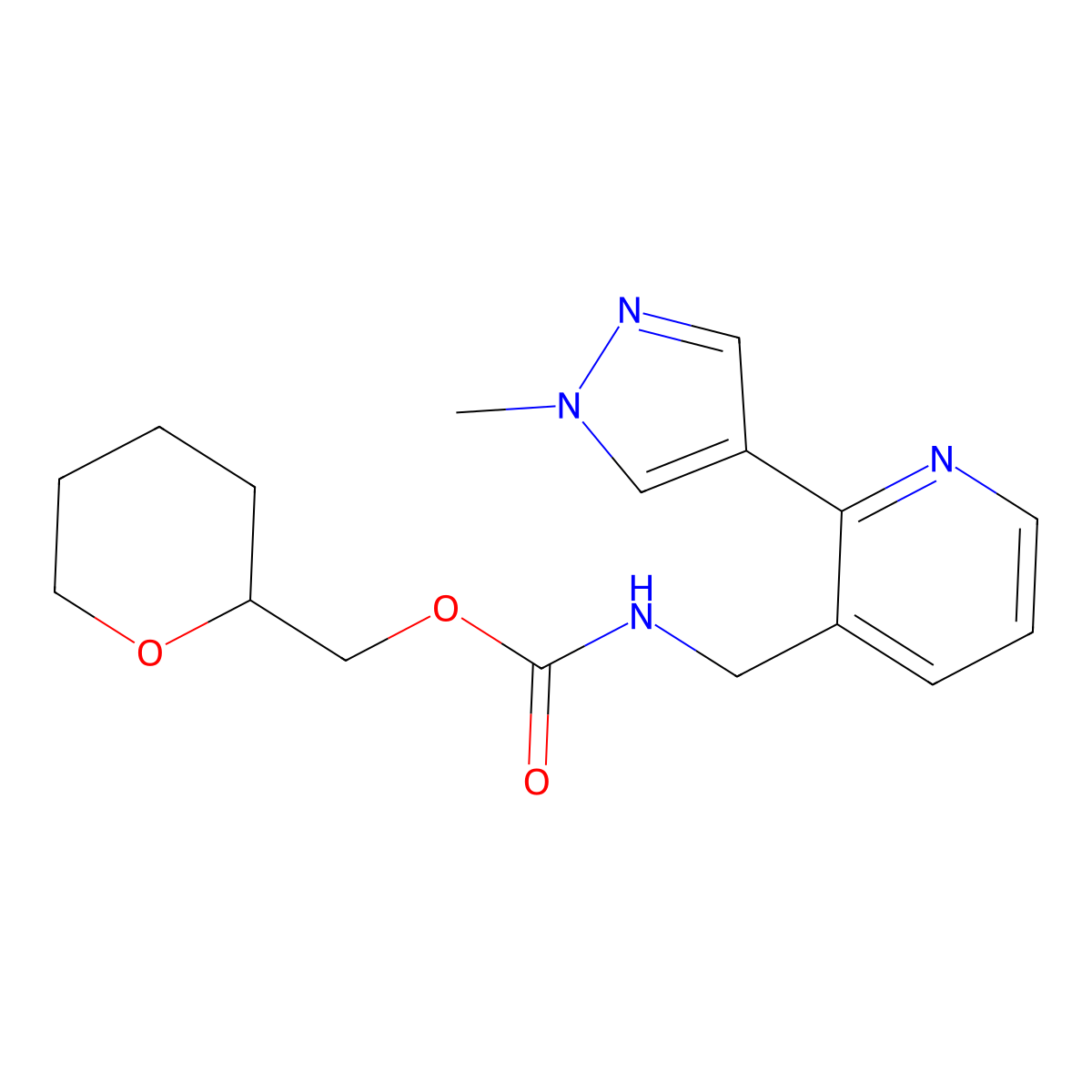 (oxan-2-yl)methyl N-{[2-(1-methyl-1H-pyrazol-4-yl)pyridin-3-yl]methyl}carbamate molecular structure, CAS 2034300-56-4