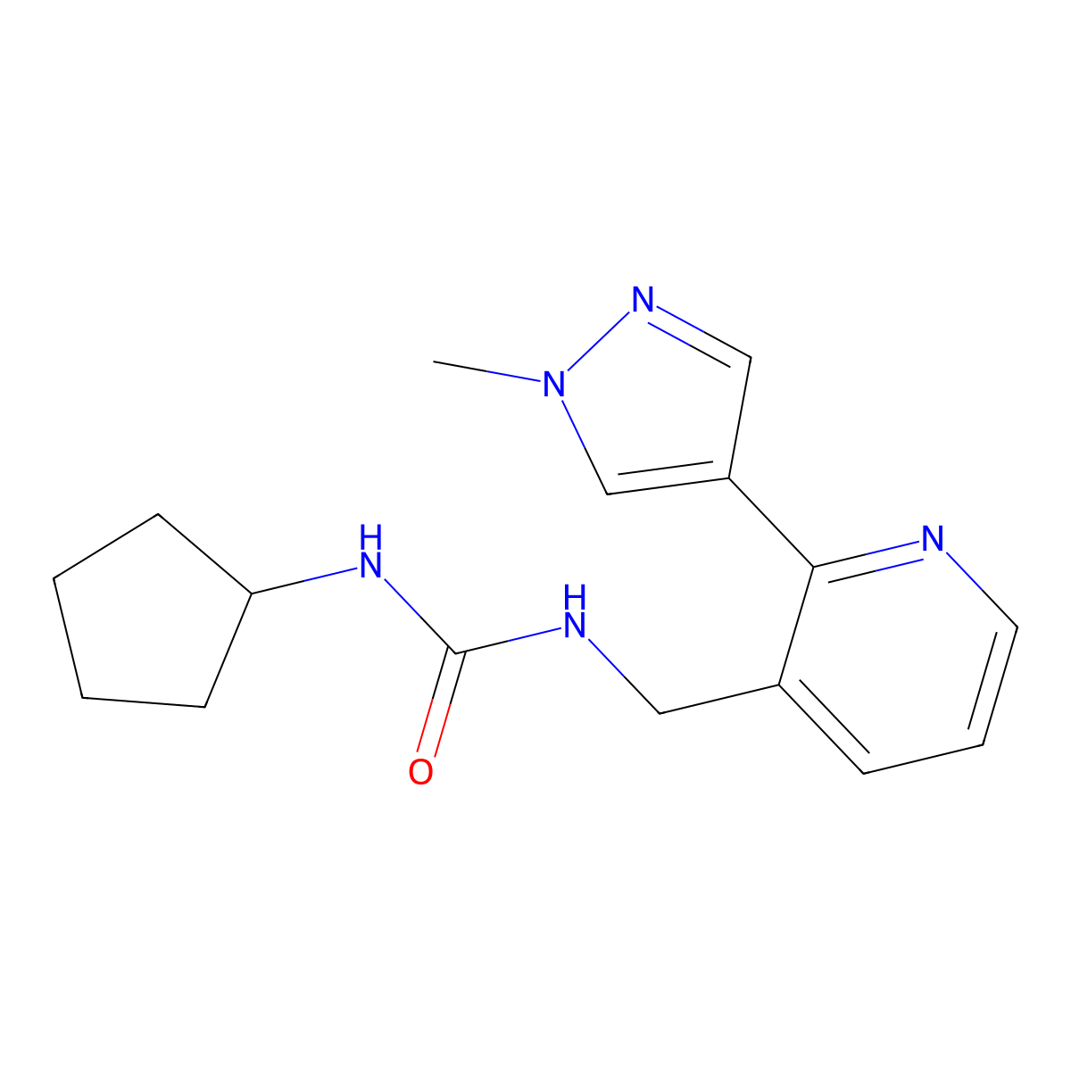 1-cyclopentyl-3-((2-(1-methyl-1H-pyrazol-4-yl)pyridin-3-yl)methyl)urea molecular structure, CAS 2034300-64-4