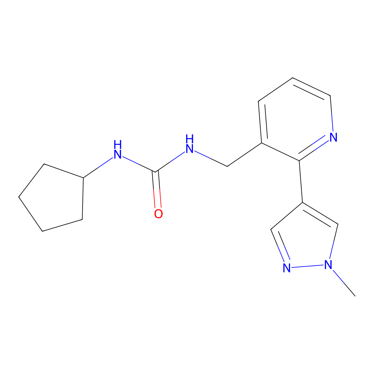 1-cyclopentyl-3-((2-(1-methyl-1H-pyrazol-4-yl)pyridin-3-yl)methyl)urea molecular structure, CAS 2034300-64-4