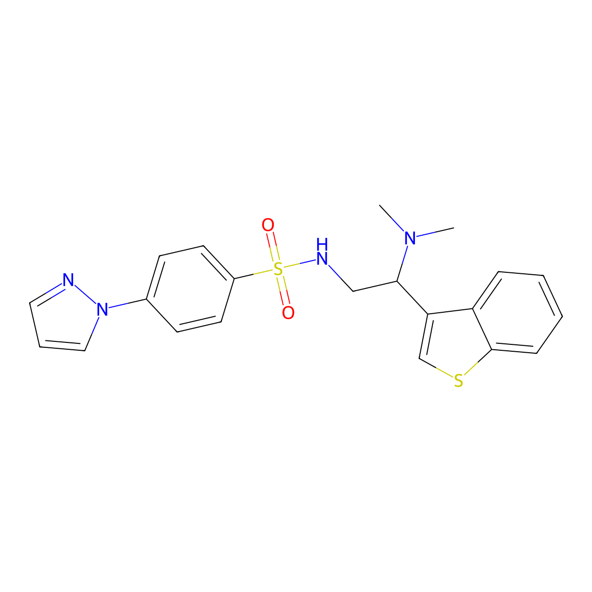 N-(2-(benzo[b]thiophen-3-yl)-2-(dimethylamino)ethyl)-4-(1H-pyrazol-1-yl)benzenesulfonamide molecular structure, CAS 2034300-65-5