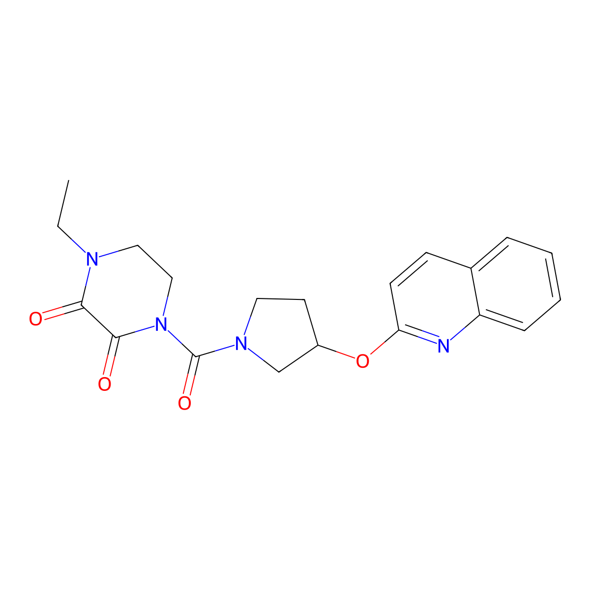 1-Ethyl-4-(3-(quinolin-2-yloxy)pyrrolidine-1-carbonyl)piperazine-2,3-dione molecular structure, CAS 2034300-66-6