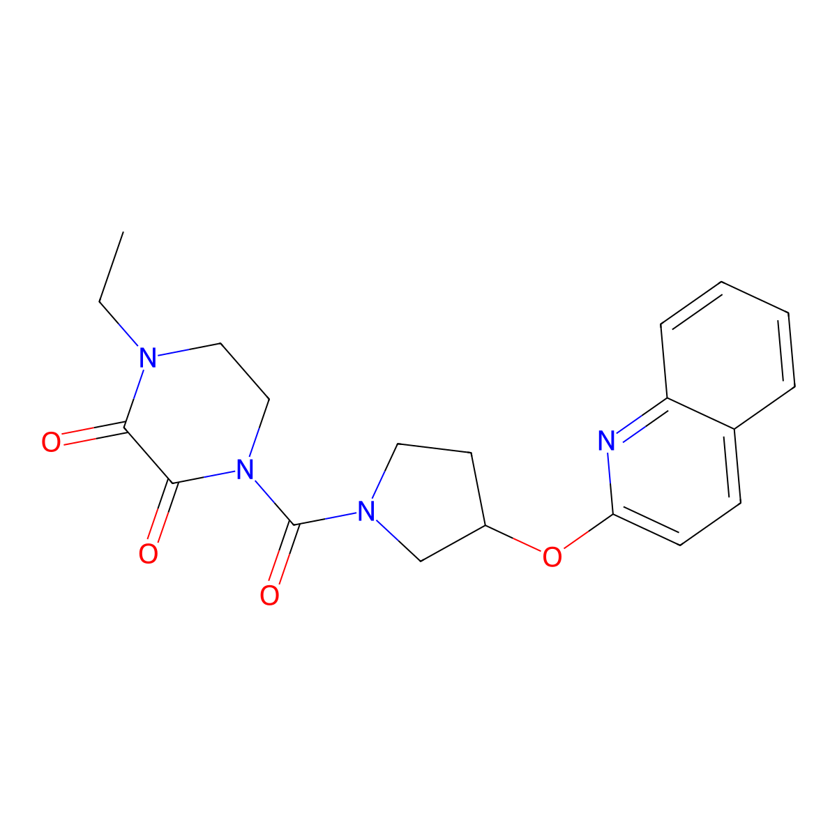 1-Ethyl-4-(3-(quinolin-2-yloxy)pyrrolidine-1-carbonyl)piperazine-2,3-dione molecular structure, CAS 2034300-66-6