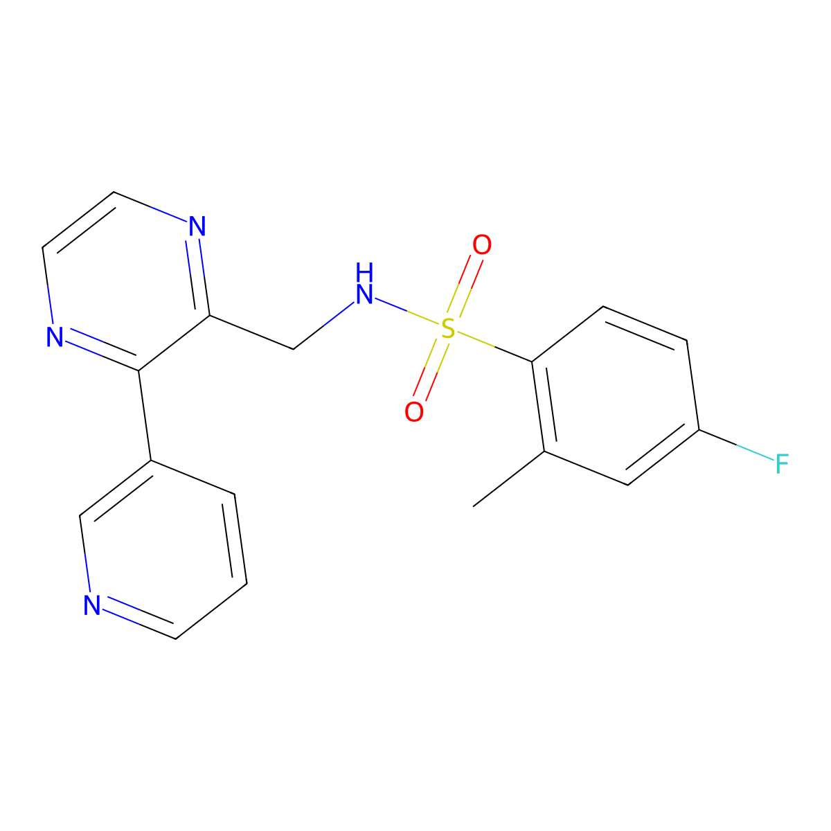 4-fluoro-2-methyl-N-((3-(pyridin-3-yl)pyrazin-2-yl)methyl)benzenesulfonamide molecular structure, CAS 2034300-80-4