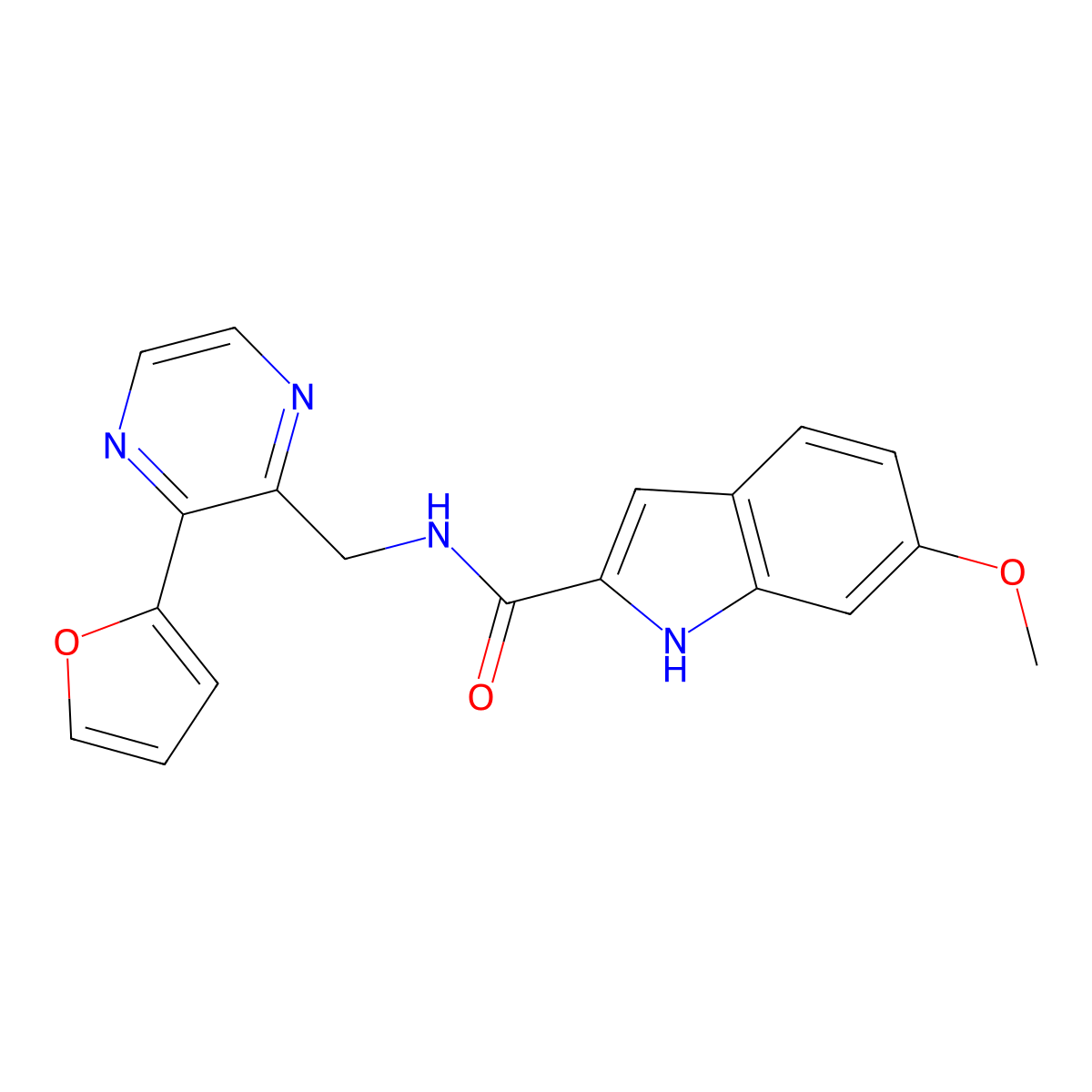 N-((3-(furan-2-yl)pyrazin-2-yl)methyl)-6-methoxy-1H-indole-2-carboxamide molecular structure, CAS 2034300-91-7