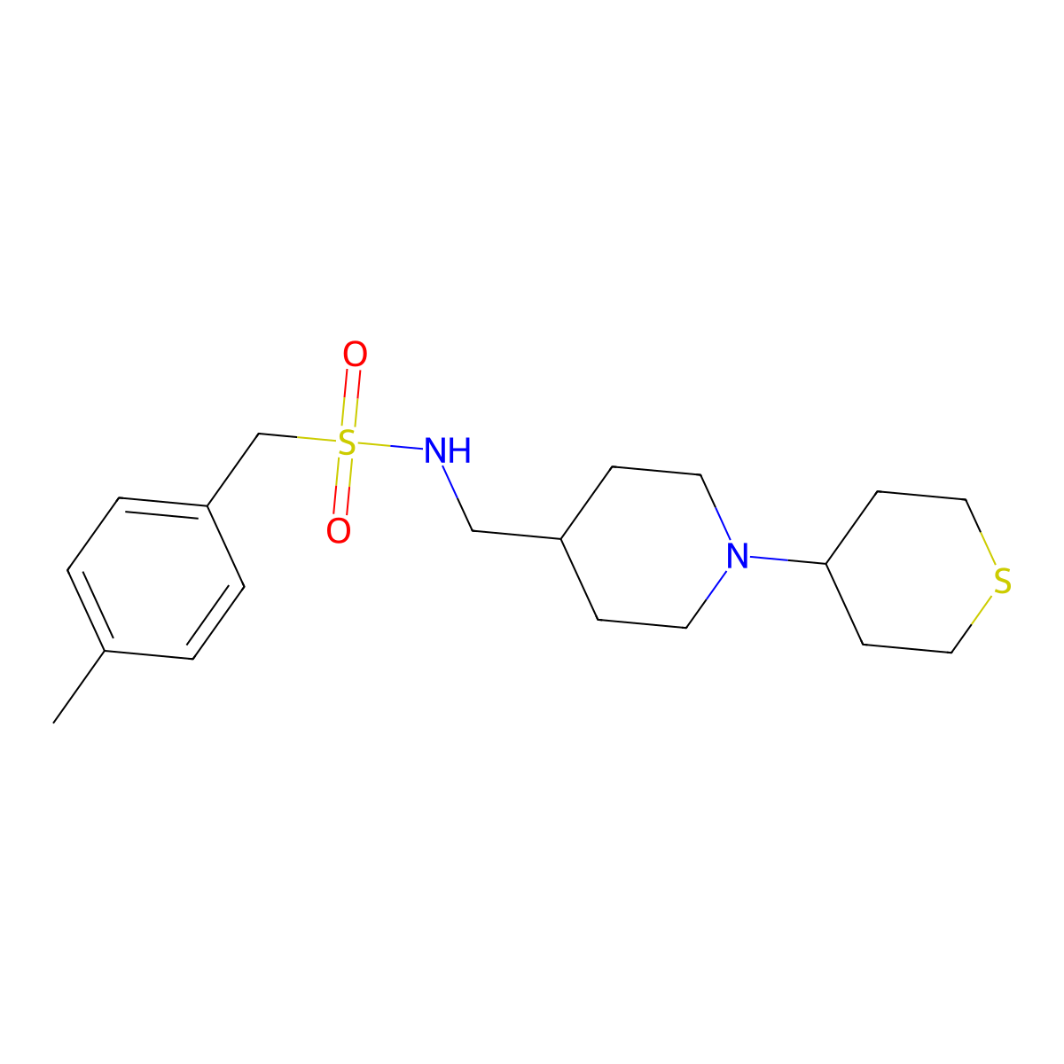 N-((1-(tetrahydro-2H-thiopyran-4-yl)piperidin-4-yl)methyl)-1-(p-tolyl)methanesulfonamide molecular structure, CAS 2034300-97-3