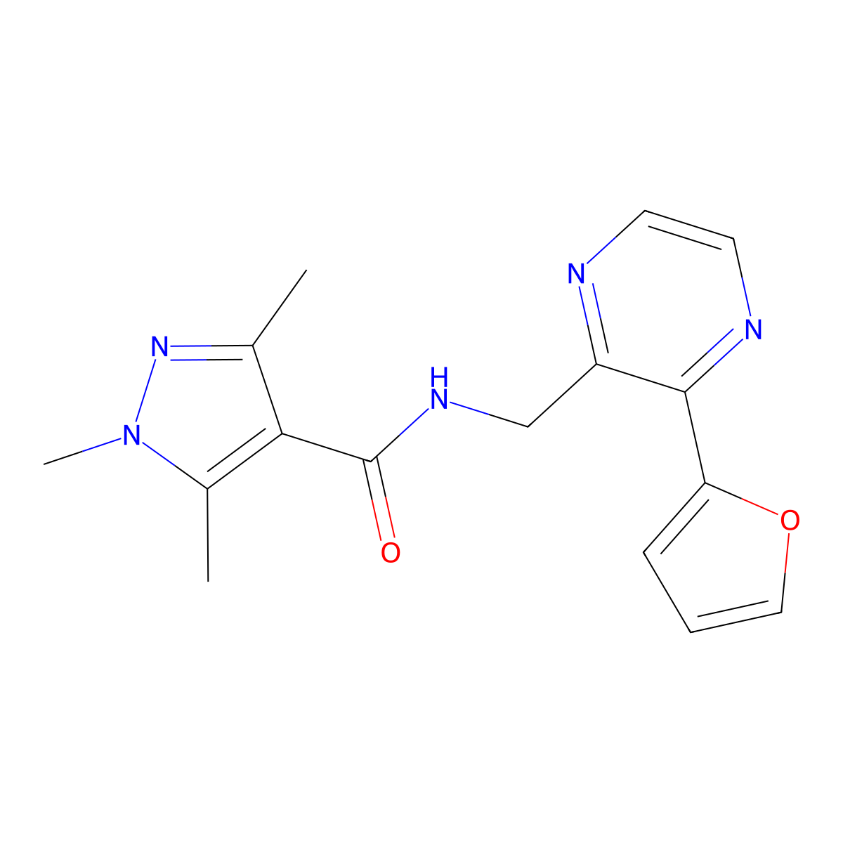 N-{[3-(furan-2-yl)pyrazin-2-yl]methyl}-1,3,5-trimethyl-1H-pyrazole-4-carboxamide molecular structure, CAS 2034301-05-6