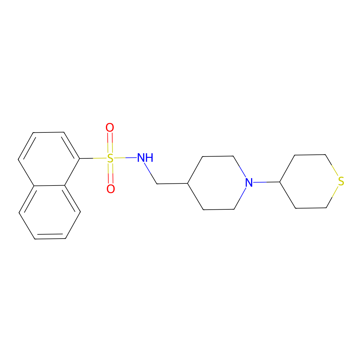N-((1-(tetrahydro-2H-thiopyran-4-yl)piperidin-4-yl)methyl)naphthalene-1-sulfonamide molecular structure, CAS 2034301-07-8