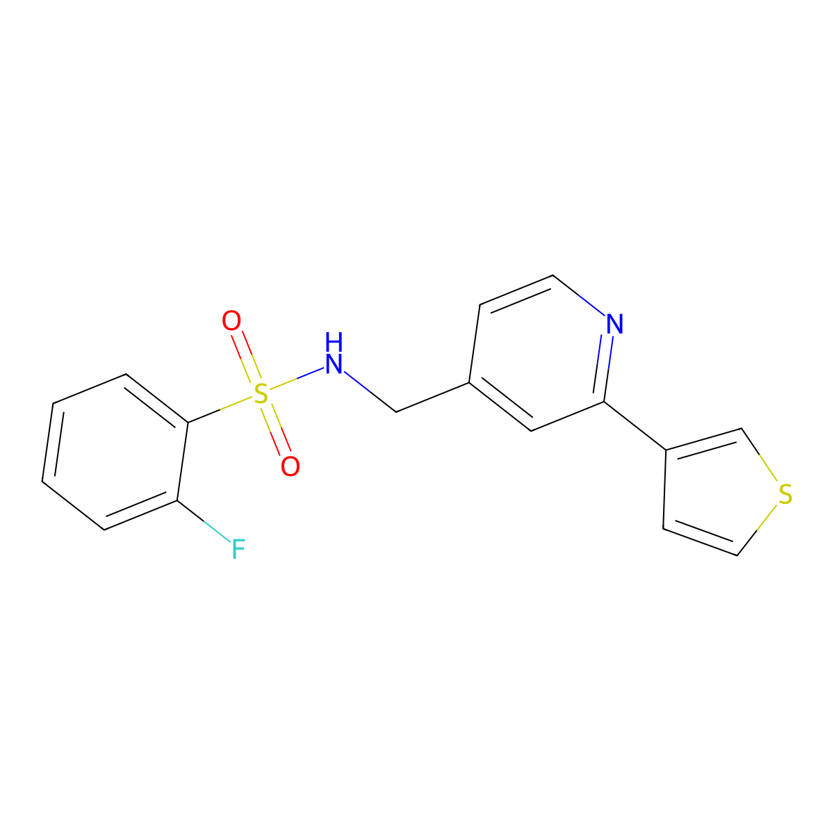 2-fluoro-N-((2-(thiophen-3-yl)pyridin-4-yl)methyl)benzenesulfonamide molecular structure, CAS 2034301-12-5