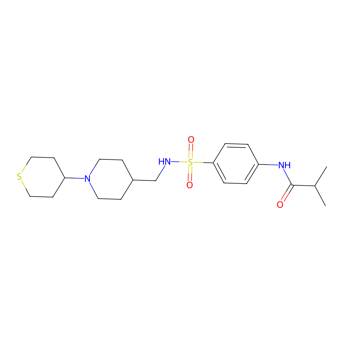 N-(4-(N-((1-(tetrahydro-2H-thiopyran-4-yl)piperidin-4-yl)methyl)sulfamoyl)phenyl)isobutyramide molecular structure, CAS 2034301-14-7