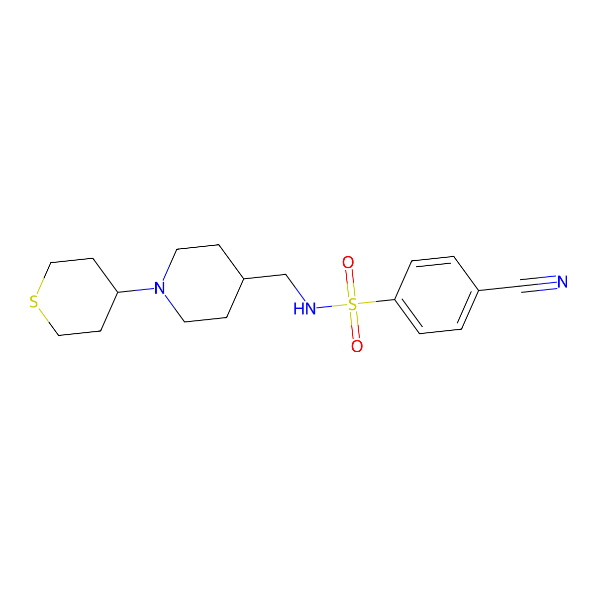 4-cyano-N-((1-(tetrahydro-2H-thiopyran-4-yl)piperidin-4-yl)methyl)benzenesulfonamide molecular structure, CAS 2034301-22-7