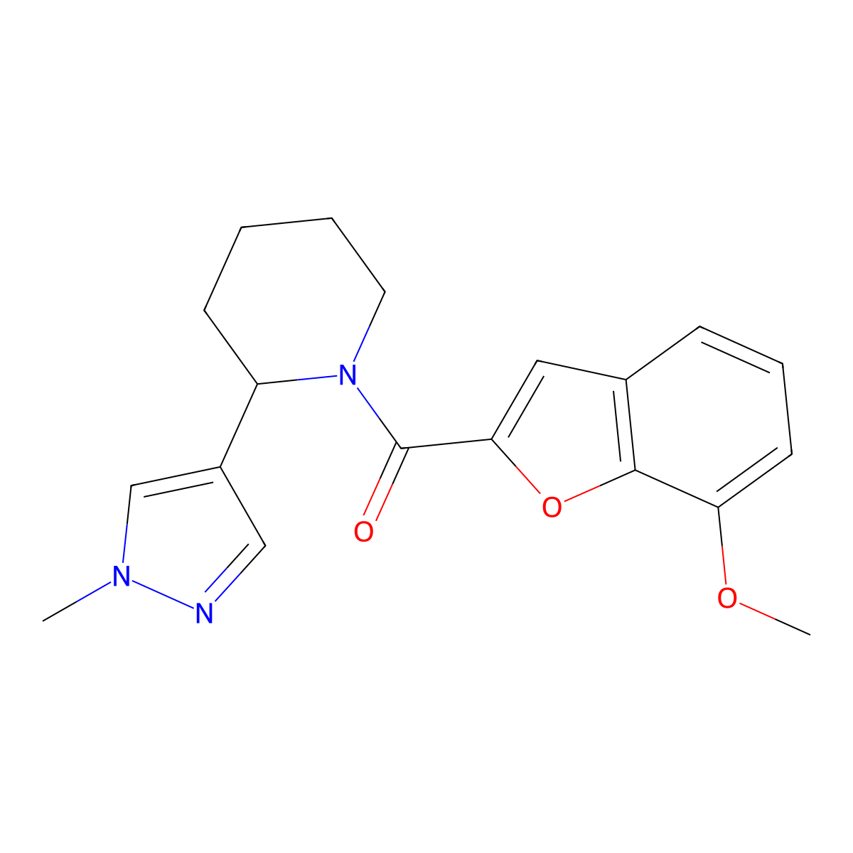 1-(7-methoxy-1-benzofuran-2-carbonyl)-2-(1-methyl-1H-pyrazol-4-yl)piperidine molecular structure, CAS 2034301-58-9