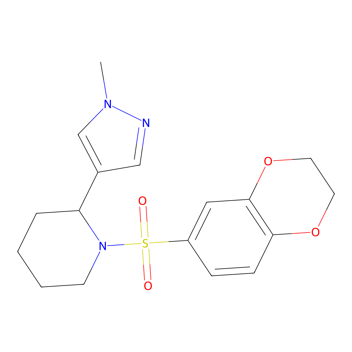 1-((2,3-dihydrobenzo[b][1,4]dioxin-6-yl)sulfonyl)-2-(1-methyl-1H-pyrazol-4-yl)piperidine molecular structure, CAS 2034301-71-6