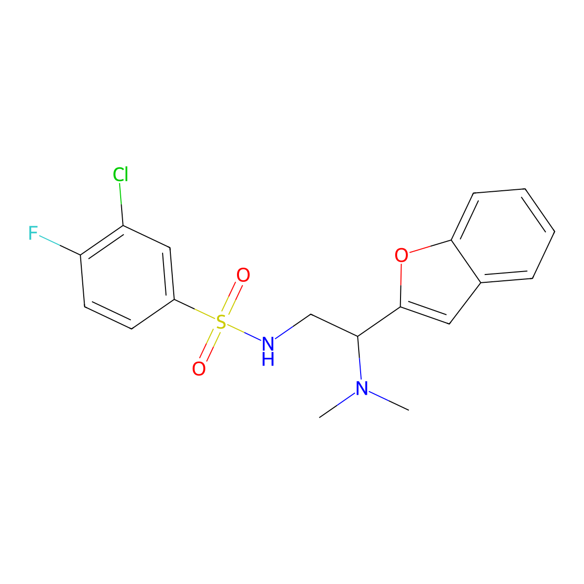 N-(2-(benzofuran-2-yl)-2-(dimethylamino)ethyl)-3-chloro-4-fluorobenzenesulfonamide molecular structure, CAS 2034301-73-8