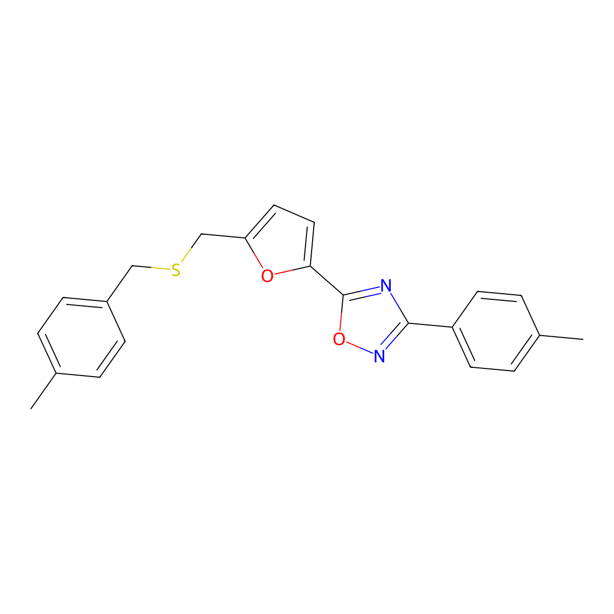 5-(5-(((4-Methylbenzyl)thio)methyl)furan-2-yl)-3-(p-tolyl)-1,2,4-oxadiazole molecular structure, CAS 2034301-76-1