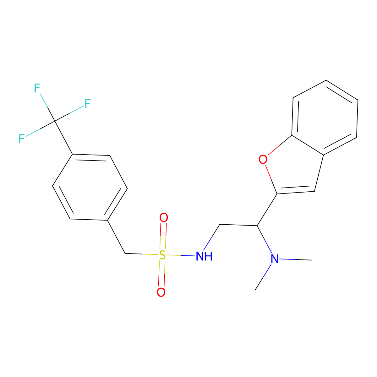 N-(2-(benzofuran-2-yl)-2-(dimethylamino)ethyl)-1-(4-(trifluoromethyl)phenyl)methanesulfonamide molecular structure, CAS 2034301-90-9