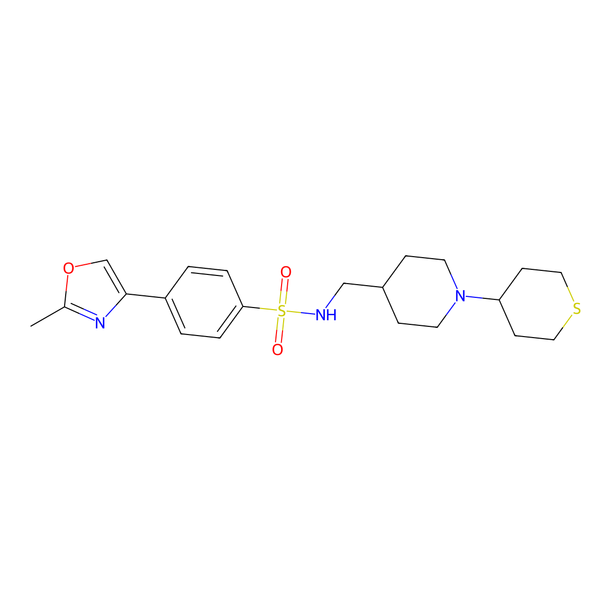 4-(2-methyloxazol-4-yl)-N-((1-(tetrahydro-2H-thiopyran-4-yl)piperidin-4-yl)methyl)benzenesulfonamide molecular structure, CAS 2034301-92-1