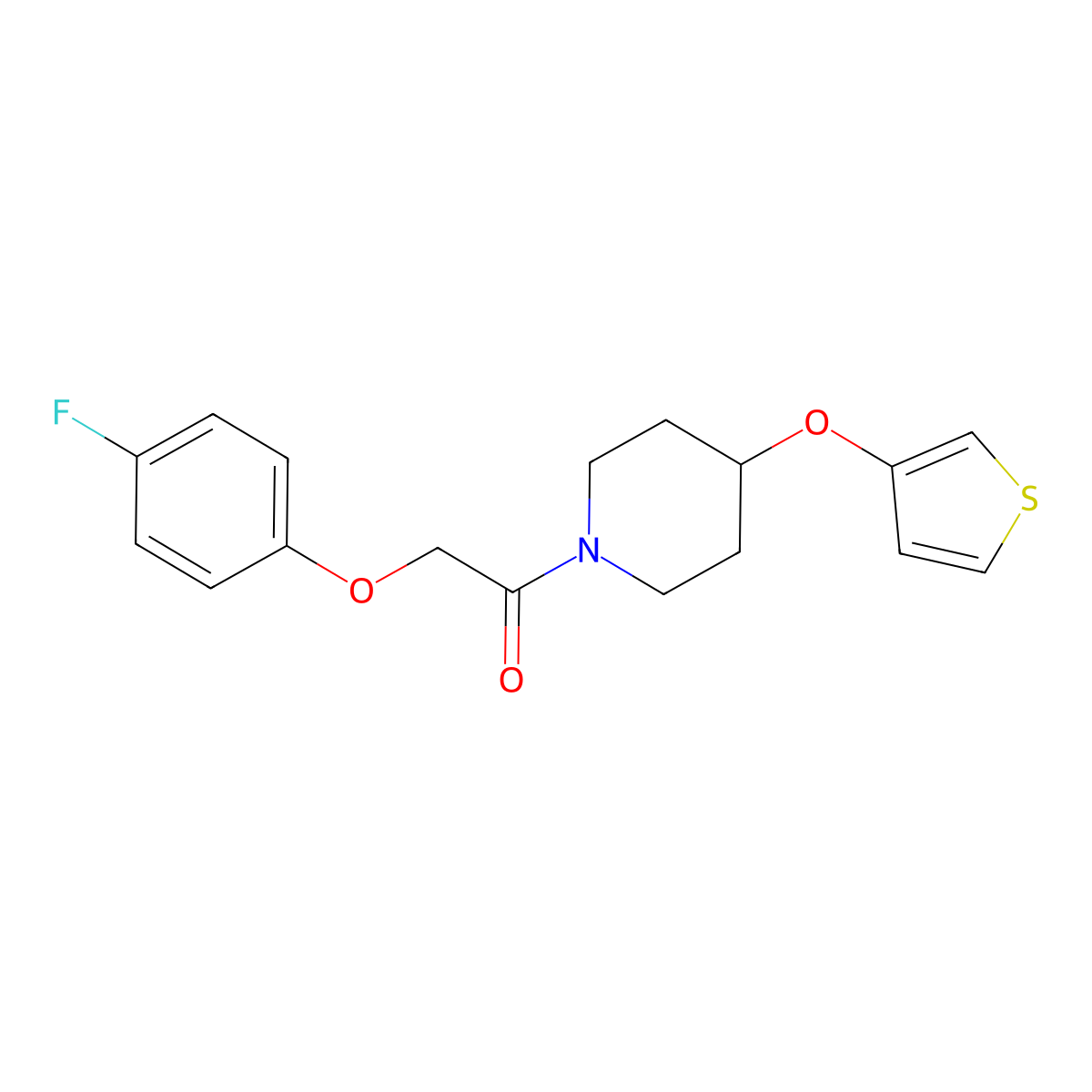 2-(4-Fluorophenoxy)-1-(4-(thiophen-3-yloxy)piperidin-1-yl)ethanone molecular structure, CAS 2034302-14-0