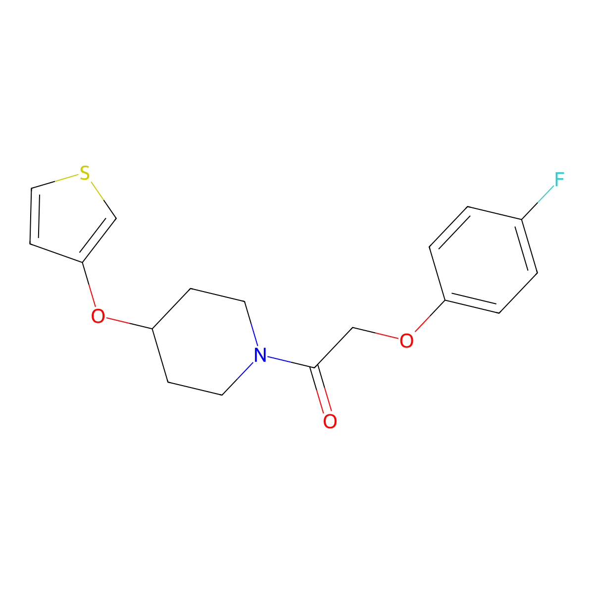 2-(4-Fluorophenoxy)-1-(4-(thiophen-3-yloxy)piperidin-1-yl)ethanone molecular structure, CAS 2034302-14-0