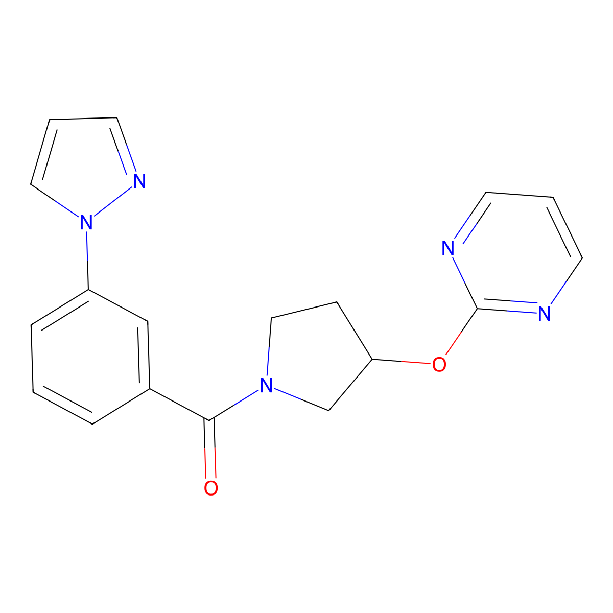 (3-(1H-pyrazol-1-yl)phenyl)(3-(pyrimidin-2-yloxy)pyrrolidin-1-yl)methanone molecular structure, CAS 2034302-21-9