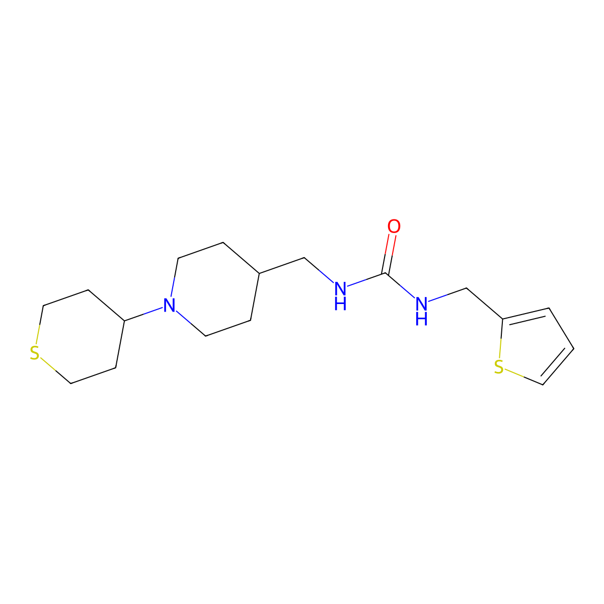 1-((1-(tetrahydro-2H-thiopyran-4-yl)piperidin-4-yl)methyl)-3-(thiophen-2-ylmethyl)urea molecular structure, CAS 2034302-23-1