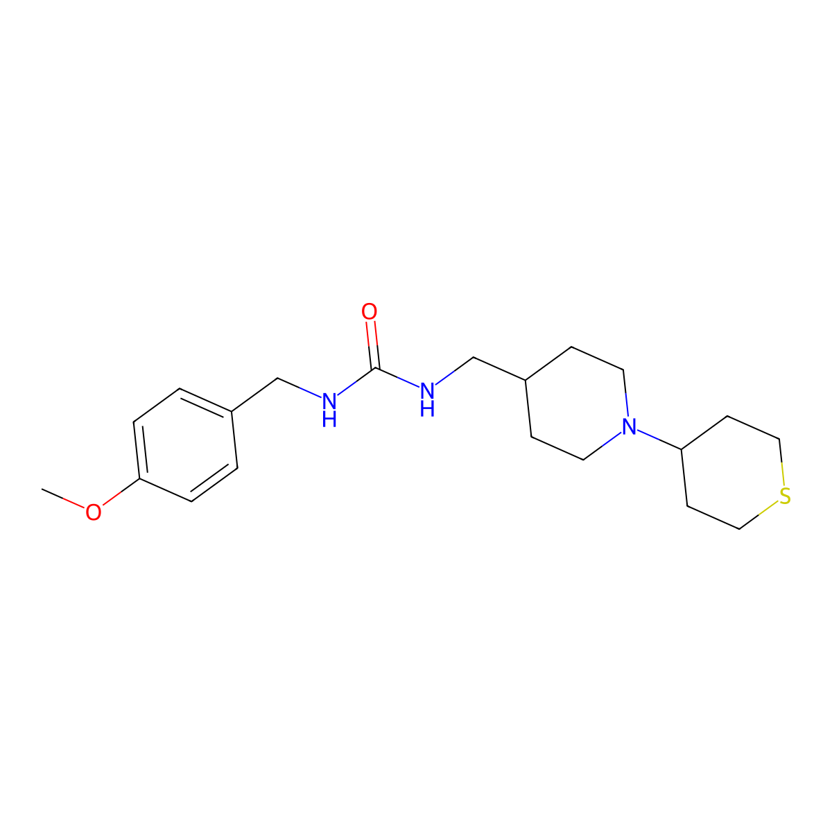 1-(4-methoxybenzyl)-3-((1-(tetrahydro-2H-thiopyran-4-yl)piperidin-4-yl)methyl)urea molecular structure, CAS 2034302-27-5
