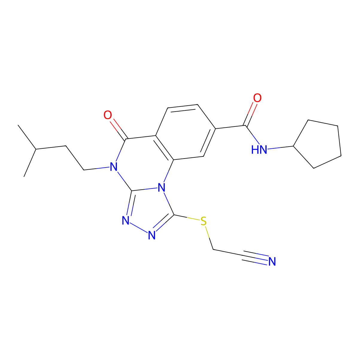 1-((cyanomethyl)thio)-N-cyclopentyl-4-isopentyl-5-oxo-4,5-dihydro-[1,2,4]triazolo[4,3-a]quinazoline-8-carboxamide molecular structure, CAS 2034302-37-7