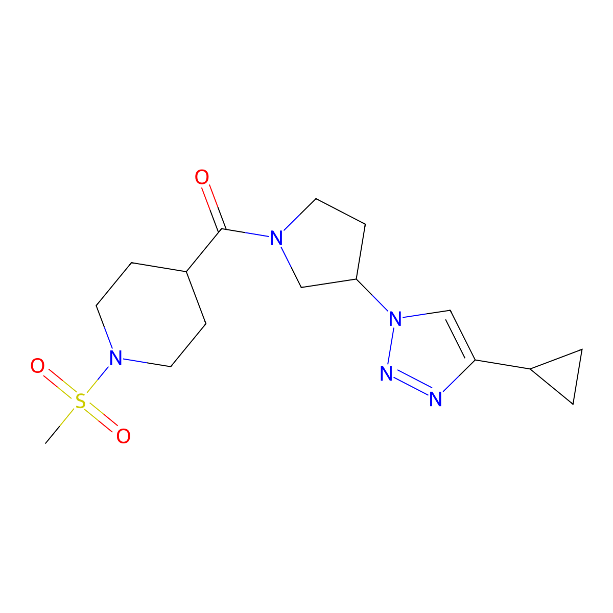 (3-(4-cyclopropyl-1H-1,2,3-triazol-1-yl)pyrrolidin-1-yl)(1-(methylsulfonyl)piperidin-4-yl)methanone molecular structure, CAS 2034302-45-7